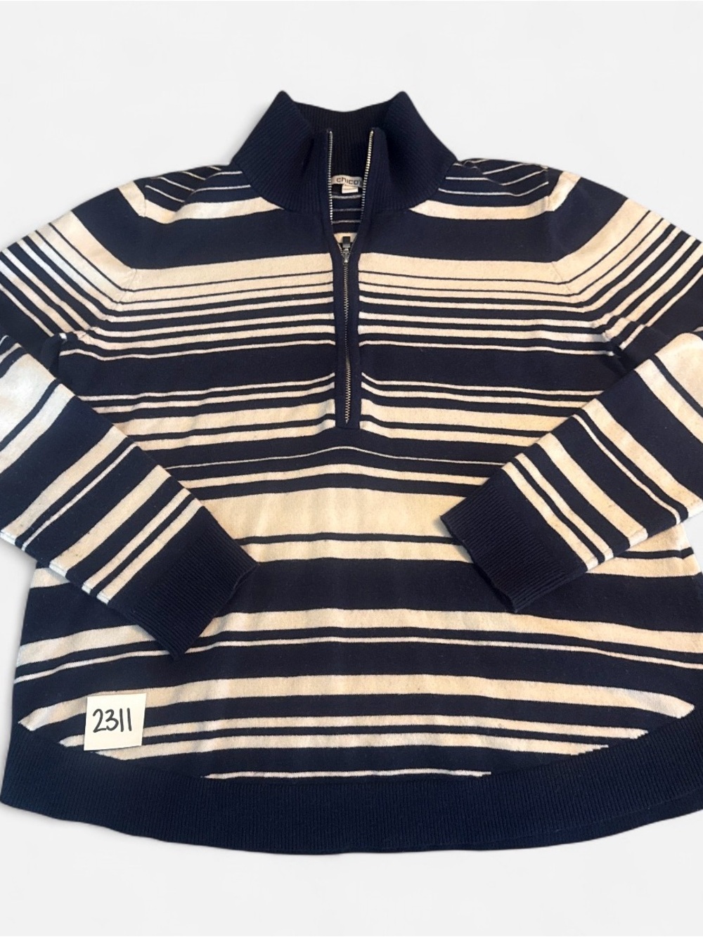 Chico's Navy and Cream Striped Half-Zip Sweater